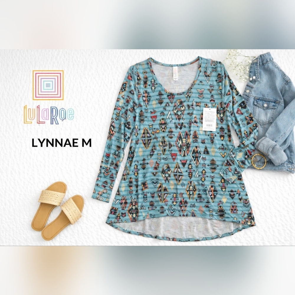 LuLaRoe Lynnae Top Medium Geometric Tribal Print High Low Long Sleeve